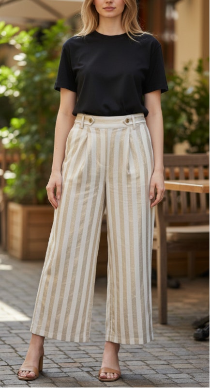 Andrew Marc New York Linen Gold Striped Pleated Wide Leg Pants Small